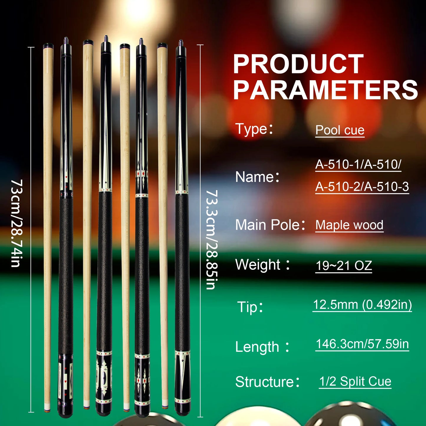 Pool cues with product parameters displayed on a blurred pool table background