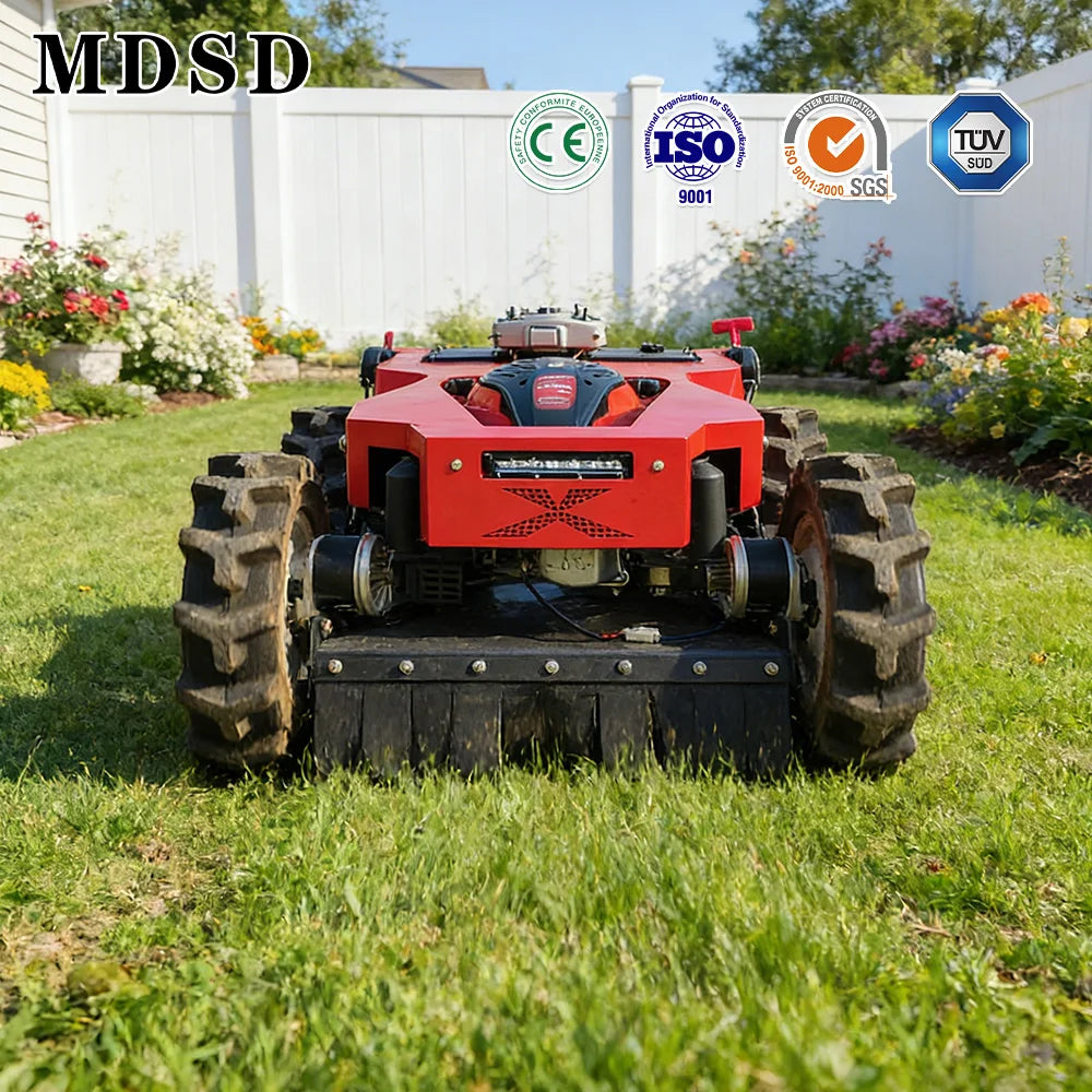 Red lawn mower robot on grass with certification logos in the background
