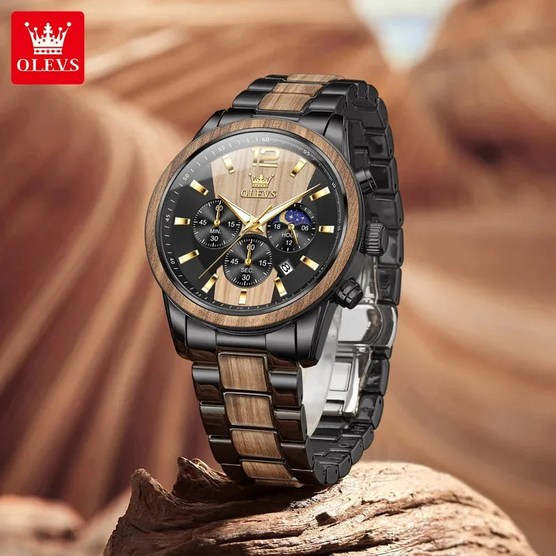 OLEVS Herrenuhr Top Business Quarzuhr Massivholz Multifunktions-Chronographenuhr Mondphase Reloj Neu