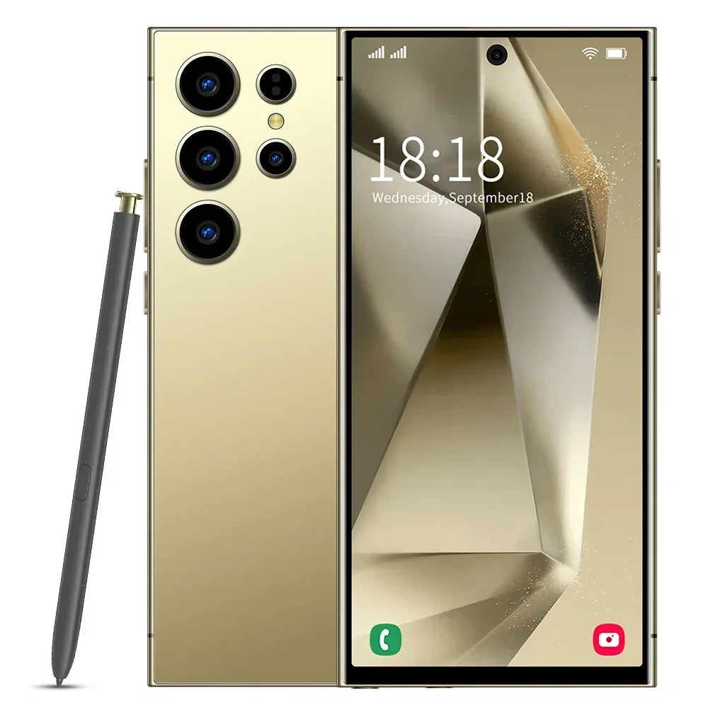 Gold smartphone with stylus on a white background