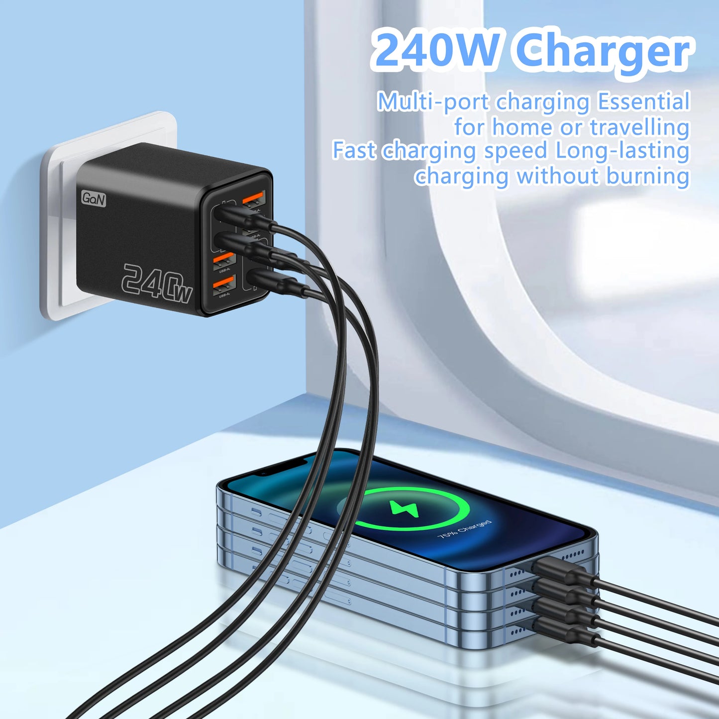 240W charger with multiple cables plugged into a device, set against a light blue background.
