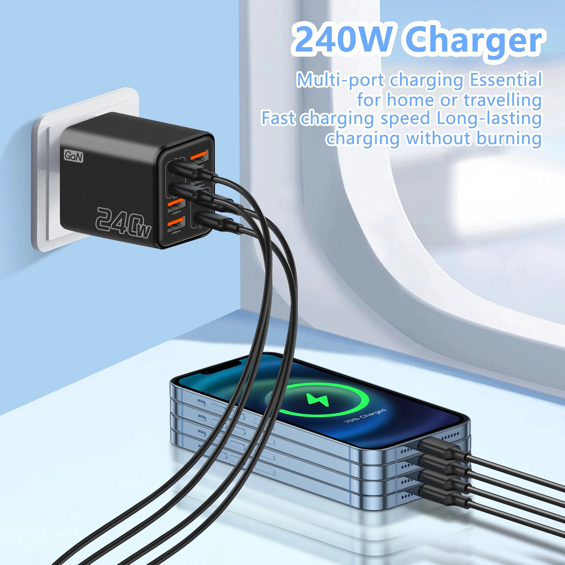 240W charger with multiple cables plugged into a device, set against a light blue background.