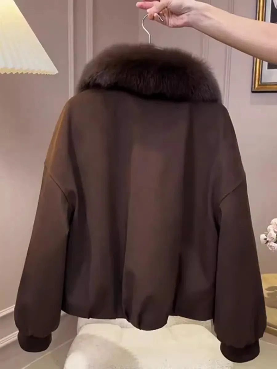 Cotton Jacket Women's Winter Loose Versatile Slimming Long Sve Coat with Fur Collar