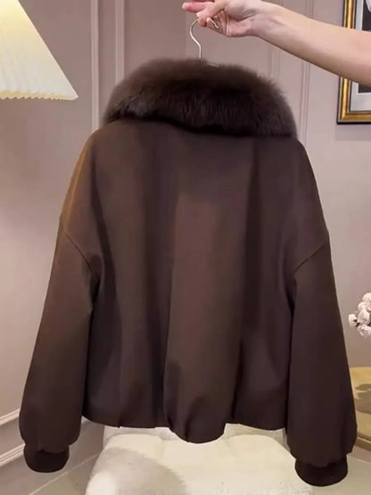 Cotton Jacket Women's Winter Loose Versatile Slimming Long Sve Coat with Fur Collar