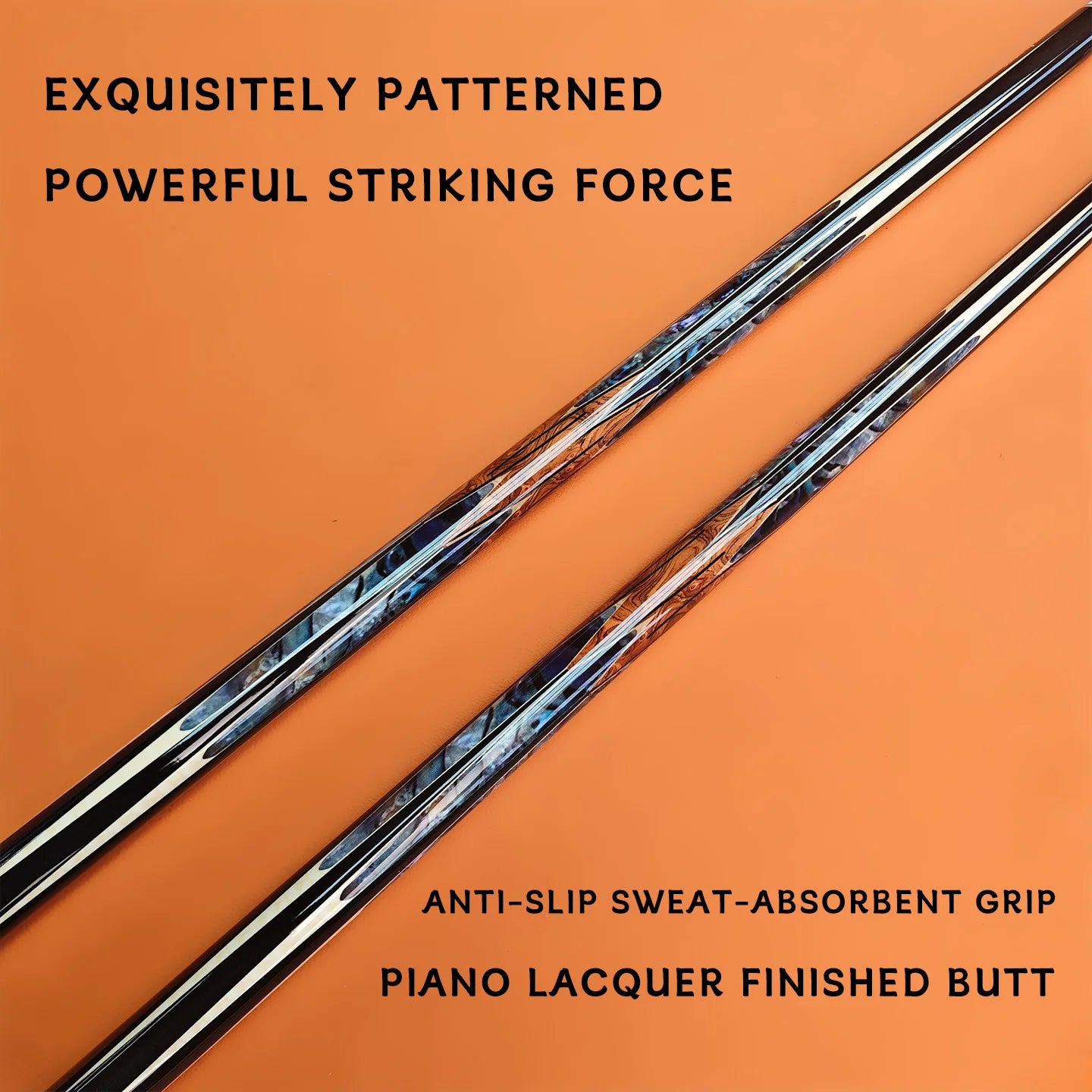Two golf clubs with text describing features on an orange background