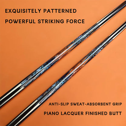 Two golf clubs with text describing features on an orange background