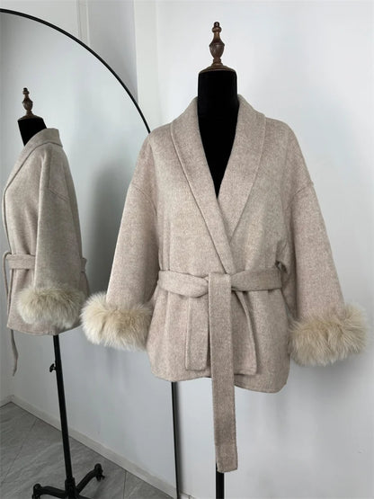 Tossy Fox Fur Wool Overcoat Women's Short Coat Office Lady Elegant Double-sided Woolen Coat 2025 New Cardigan Jackets Loose Wool