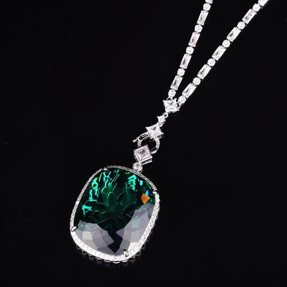 Luxury Rectangle Shape Green Cubic Zirconia Pendant Necklaces Temperament Elegant Women's Wedding Anniversary Party Jewelry