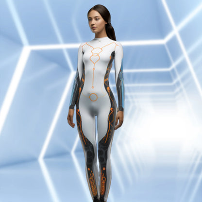 Mechanical Robot Print Cosplay Costume Women Sexy Onesie Futuristic Slim Jumpsuit Halloween Elastic Bodysuit Front Zipper Romper