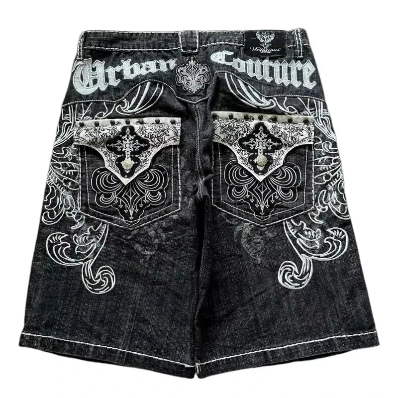 Amerikanische Retro Gothic Damen Denim Shorts Muster Stickerei Loose Unisex Shorts Y2K Printing Korean Casual Fashion Paar Shorts
