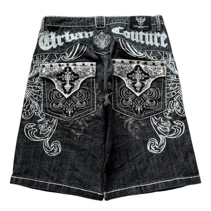Amerikanische Retro Gothic Damen Denim Shorts Muster Stickerei Loose Unisex Shorts Y2K Printing Korean Casual Fashion Paar Shorts