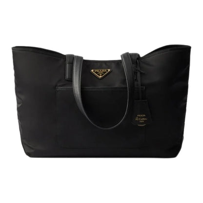 Black Prada tote bag on a white background