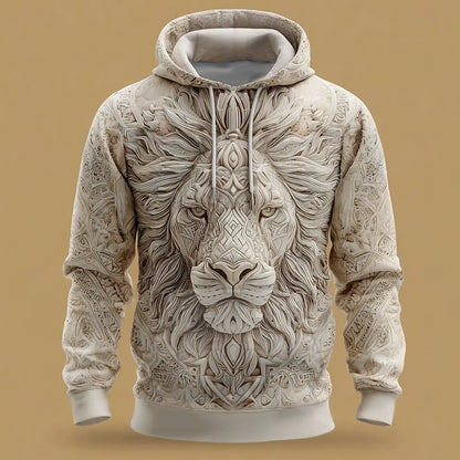 2025 Fall Winter Men's Vintage Animal Lion 3D Prints Hooded Hoodies Sweatshirt Long Sleeve Crew Neck Streetwear Drawstring Tops