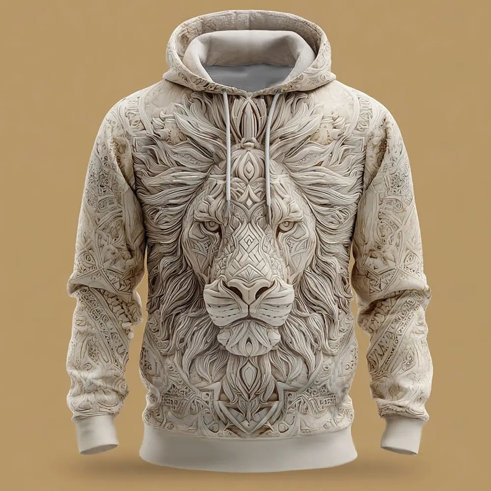 2025 Fall Winter Men's Vintage Animal Lion 3D Prints Hooded Hoodies Sweatshirt Long Sleeve Crew Neck Streetwear Drawstring Tops