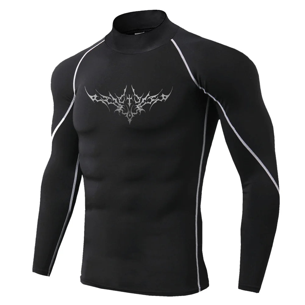 Herren Gothic-Print schnelltrocknendes Langarm-Fitness-Workout-Stretch-Enges Top Stehkragen atmungsaktives Trainings-T-Shirt S-3XL