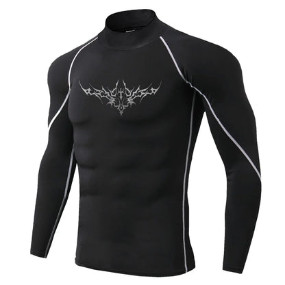 Herren Gothic-Print schnelltrocknendes Langarm-Fitness-Workout-Stretch-Enges Top Stehkragen atmungsaktives Trainings-T-Shirt S-3XL