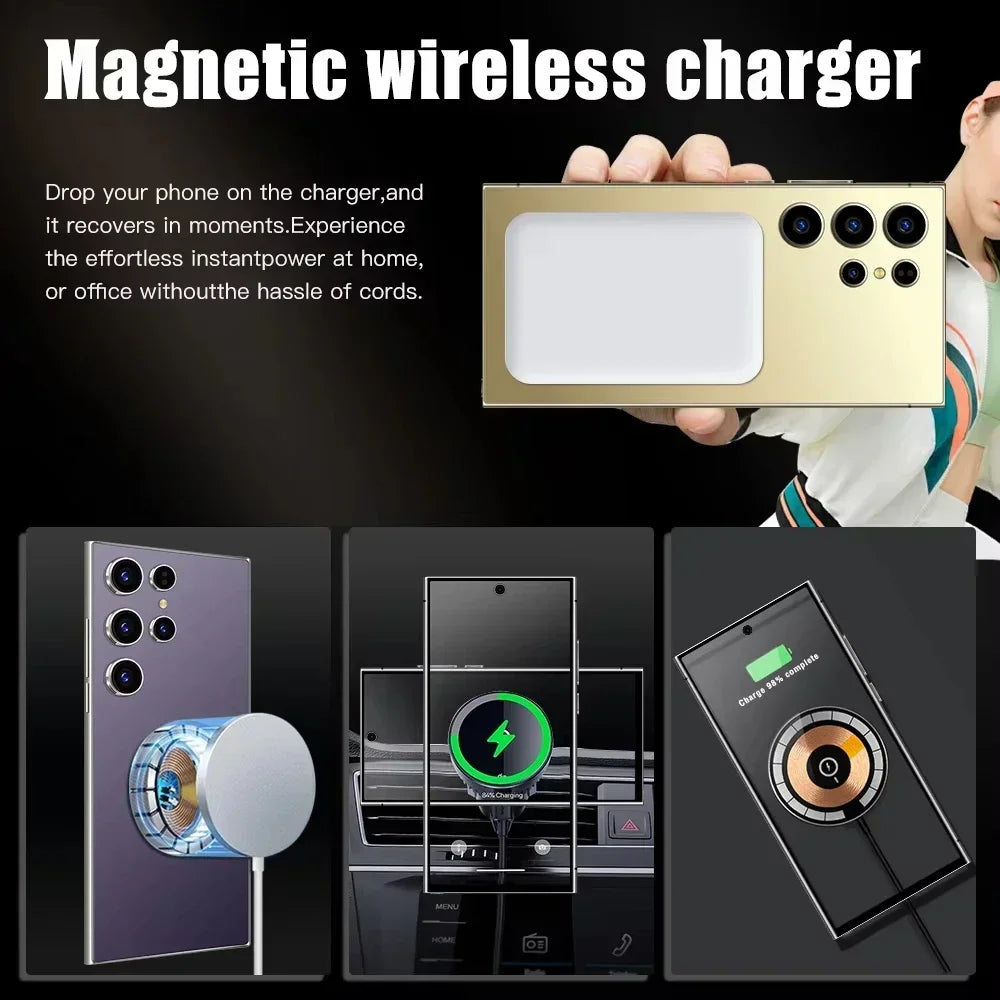 Magnetic wireless charger with phone illustrations and text on a black background