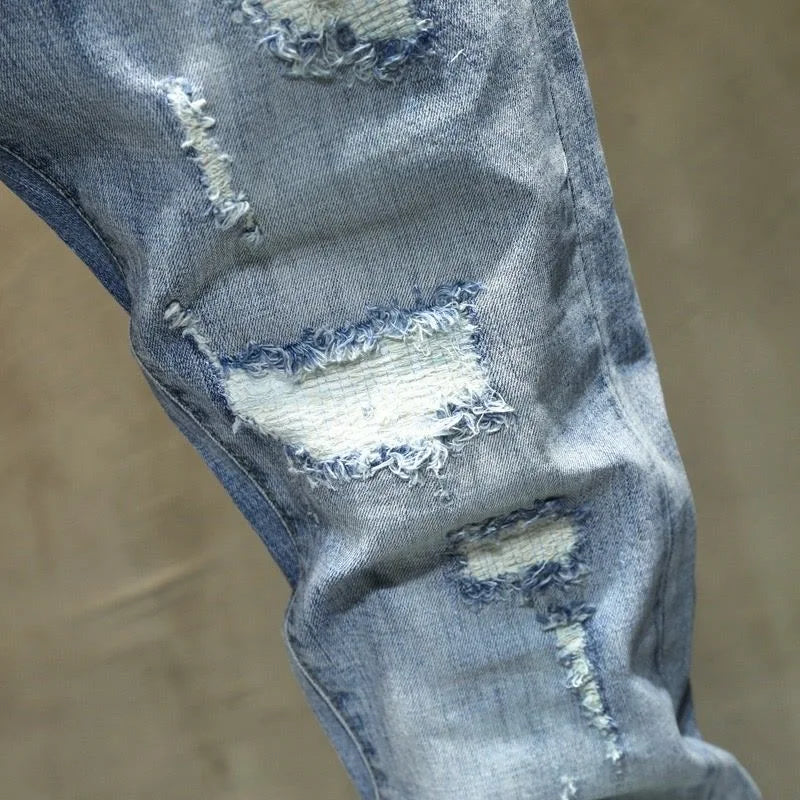 Solid Color Perforated Straight Leg Elastic Jeans Men's Casual High-Quality Jeans
