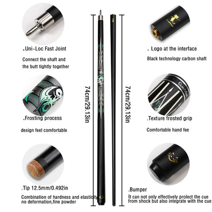 12.75mm Low Deflection Glass Fiber Shaft Pool Cue Maple Butt with Stainless Steel Quick Release Joint and Multi-Layer Tip