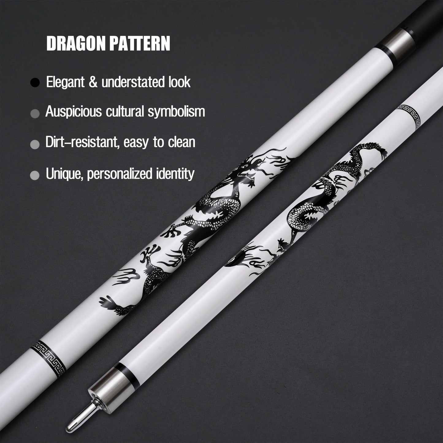 White Fiberglass Pool Stick with Dragon Artwork & Premium Automotive Paint Grip