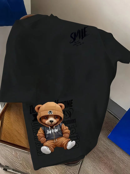 Europäisches und amerikanisches Herren-Sommer-T-Shirt mit personalisiertem Buchstaben-Bären-Print, bequem und atmungsaktiv, Rundhalsausschnitt, Outdoor-Streetwear-T-Shirt