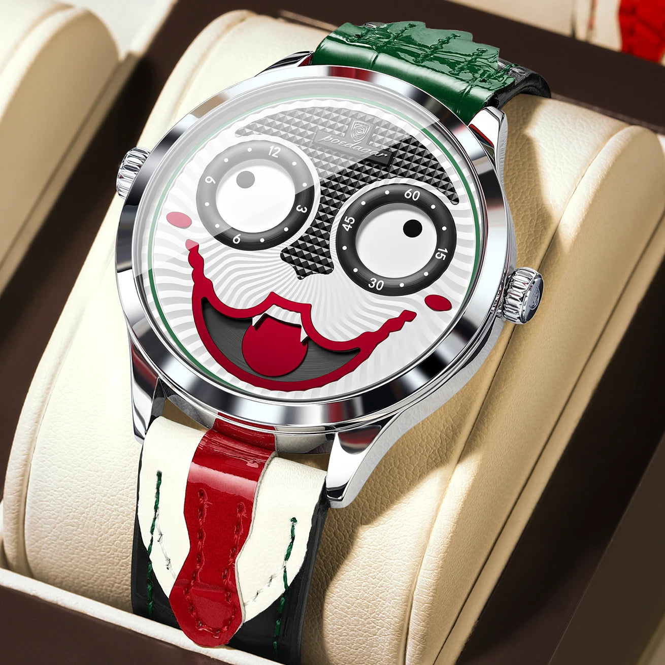Wristwatch with a unique face design on the dial, featuring a red strap, on a beige cushion.