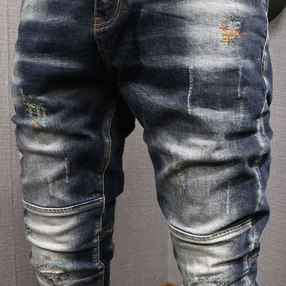Fashion Streetwear Herren Jeans Retro Schwarz Blau Elastisch Slim Fit Ripped Jeans Herren Spleiß Designer Stickerei Hip Hop Denim Hose