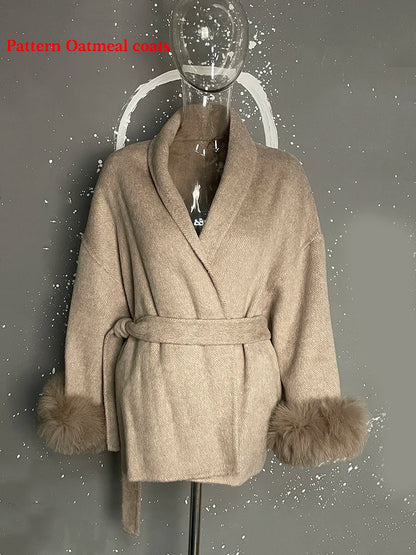 UCXQ Eleganter OL Business-Mantel Pelz-Patchwork Langarm Wollmantel Schöne Damenbekleidung Jacke Herbst 2025 Winter