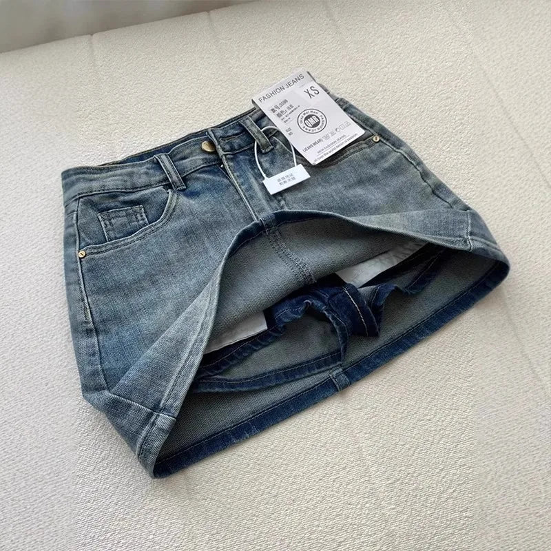 Sexy Retro High Waist Denim  Skirt Women's Anti-Light Versatile Slimming American Hot Girl Wrap Body f-length Summer S...