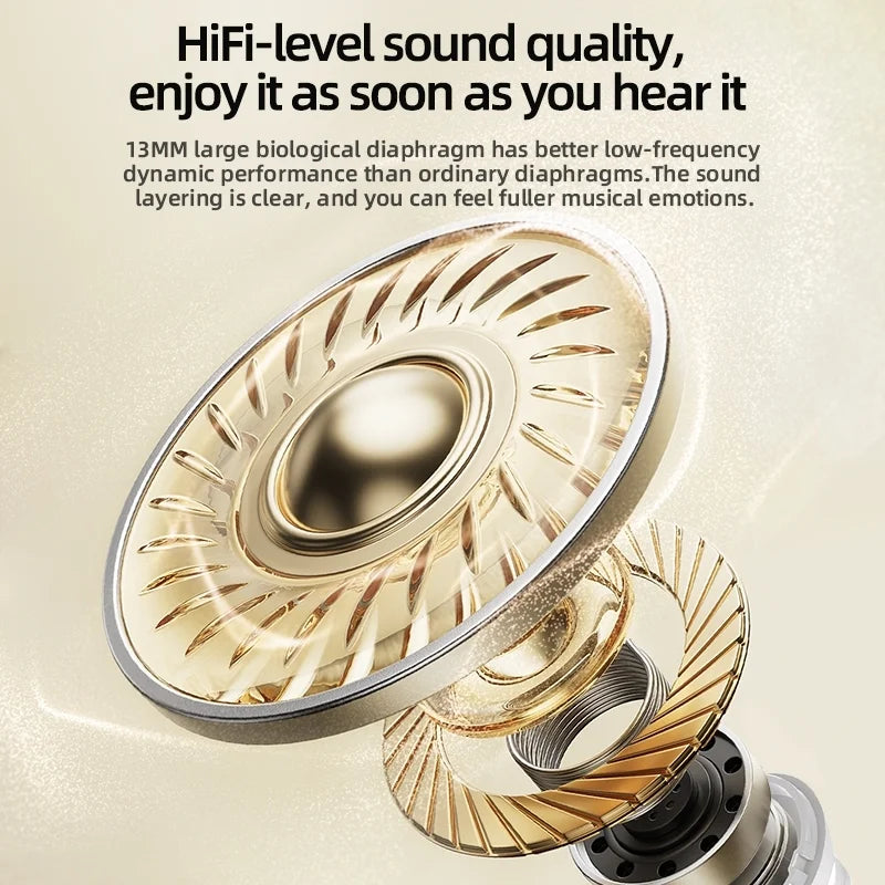 Gold and silver speaker diaphragm with text about HiFi-level sound quality on a beige background