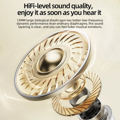 Gold and silver speaker diaphragm with text about HiFi-level sound quality on a beige background
