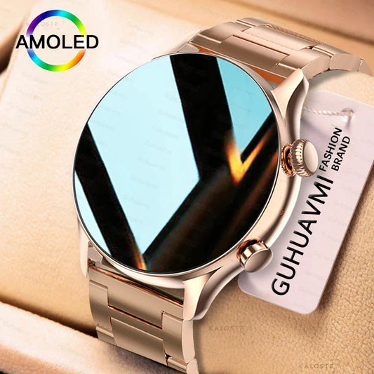 Smartwatch with rose gold band on a beige surface, featuring the AMOLED logo and GUHUAVMI brand name.