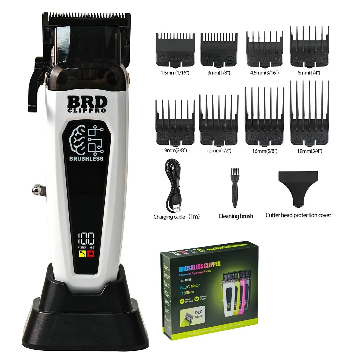 Hair clipper set with attachments and packaging on a white background