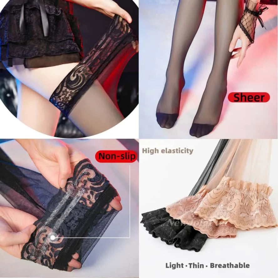 Collage of black lace tights with features highlighted on a white background