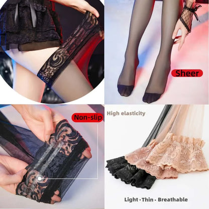 Collage of black lace tights with features highlighted on a white background