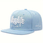 Light blue cap with white text on a white background