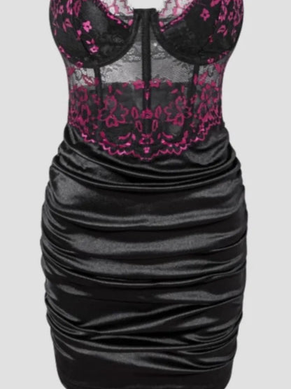 Hot Girls Slim Spaghetti Strap Mini Dresses Women Sexy See Through Flower Lace Fold Package Hip Bodycon Short Dress Club Vestido
