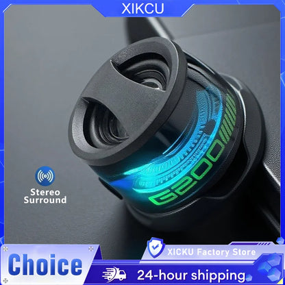 Close-up of a XIKCU audio component with 'G200' branding on a dark background.