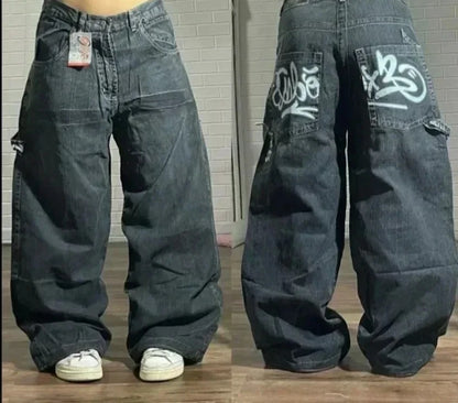 Street Fashion Trend Totenkopf bestickte Jeans Damen Harajuku Y2K Neue Hip Hop Joker Straight Wide-Leg Hosen Paar Freizeitjeans