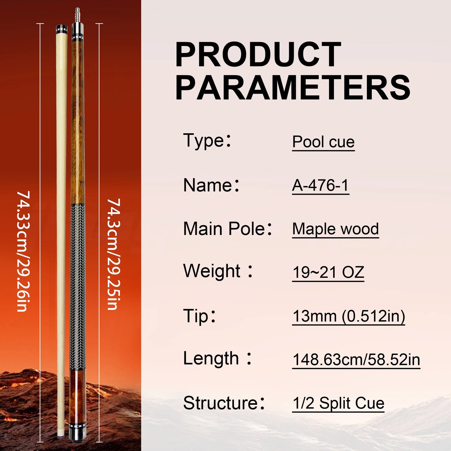 58.52in 3D Grip Hard Maple Brown Billiards Pool Cue Professional Anti Sweat and Anti Slip for Nine Balls Carom Competition Games
