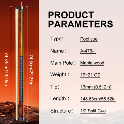 58.52in 3D Grip Hard Maple Brown Billiards Pool Cue Professional Anti Sweat and Anti Slip for Nine Balls Carom Competition Games