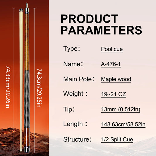 58.52in 3D Grip Hard Maple Brown Billiards Pool Cue Professional Anti Sweat and Anti Slip for Nine Balls Carom Competition Games
