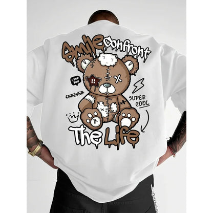 Summer's new fashionable men's Teddy bear letter printed comfortable and breathable neck T-shirt with outdoor high street top