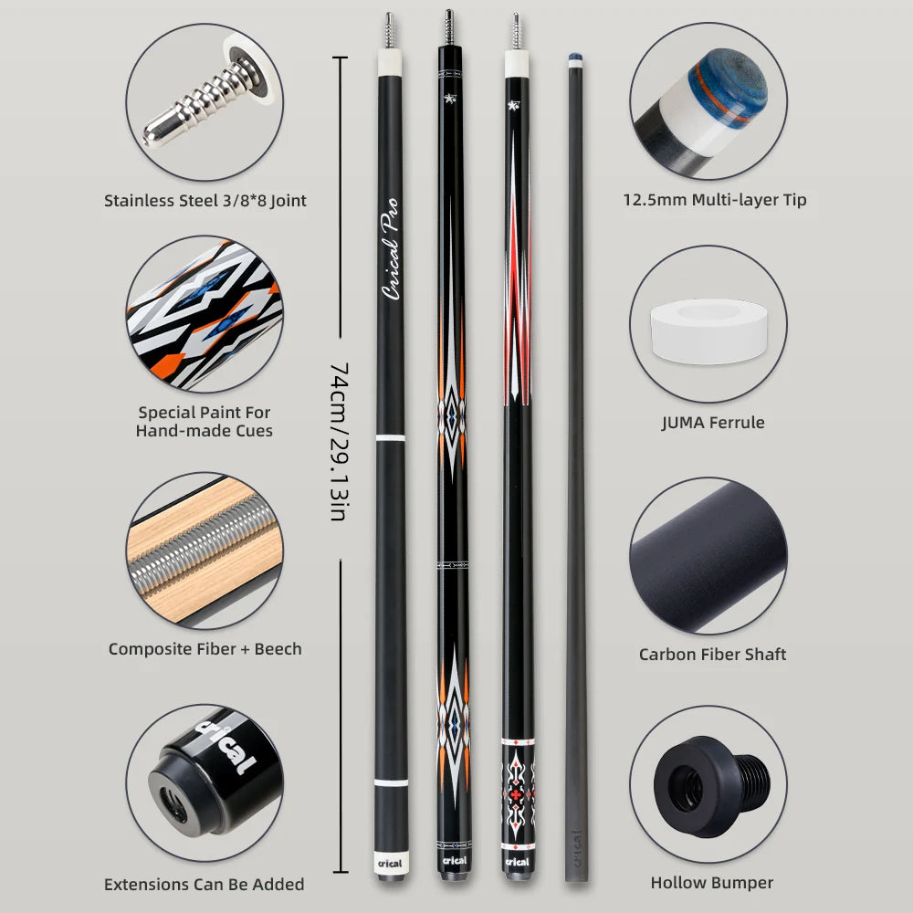 CRICAL CL-PRO Carbon Fiber Pool Cue Stick with 12.5mm Tip 3 * 8/8 Joint Pin  Low Deflection  for Professional 1/2 Billiard Cue