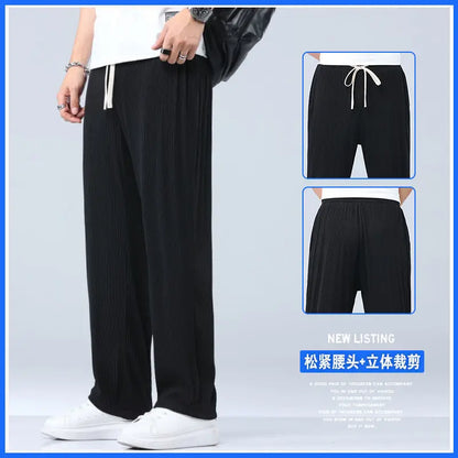 Men's Ice Silk Wide Leg Pants – Loose Drape Summer Trousers Fits Up to 100kg