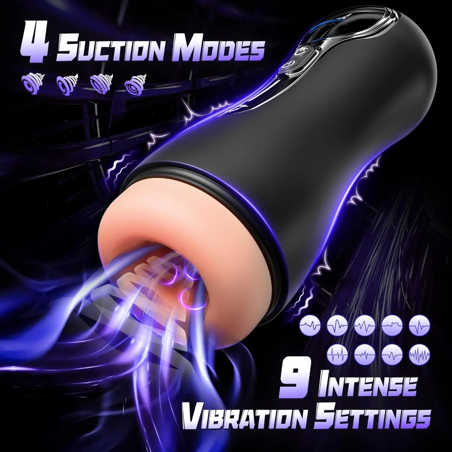 Sexual product with suction modes and vibration settings on a dark background