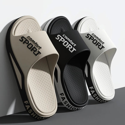 Three slides sandals in beige, black, and white with 'comfort Sport' text on a gray background.