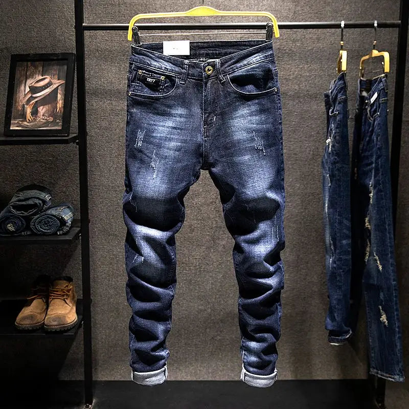 American Elastic Straight Jeans Men Ripped Worn-out Slim-fit Cotton Men's Clothing