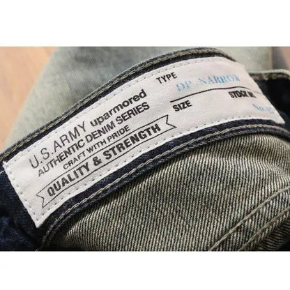Close-up of a U.S. Army denim label on a pair of jeans.