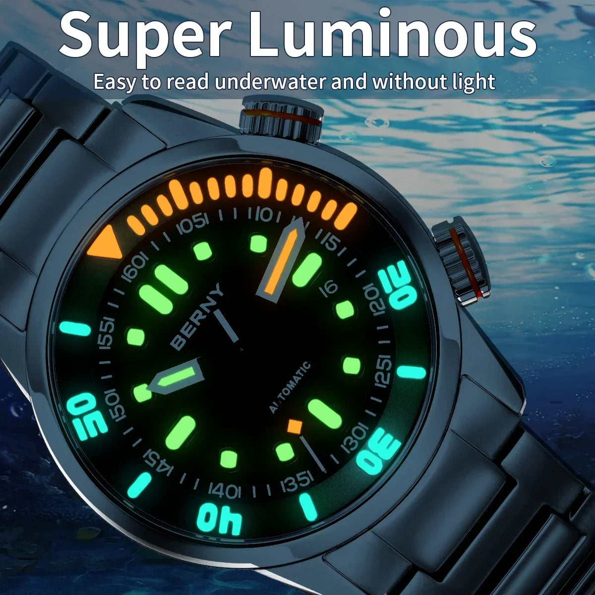 Super Luminous watch with glowing green and orange numbers against a water background
